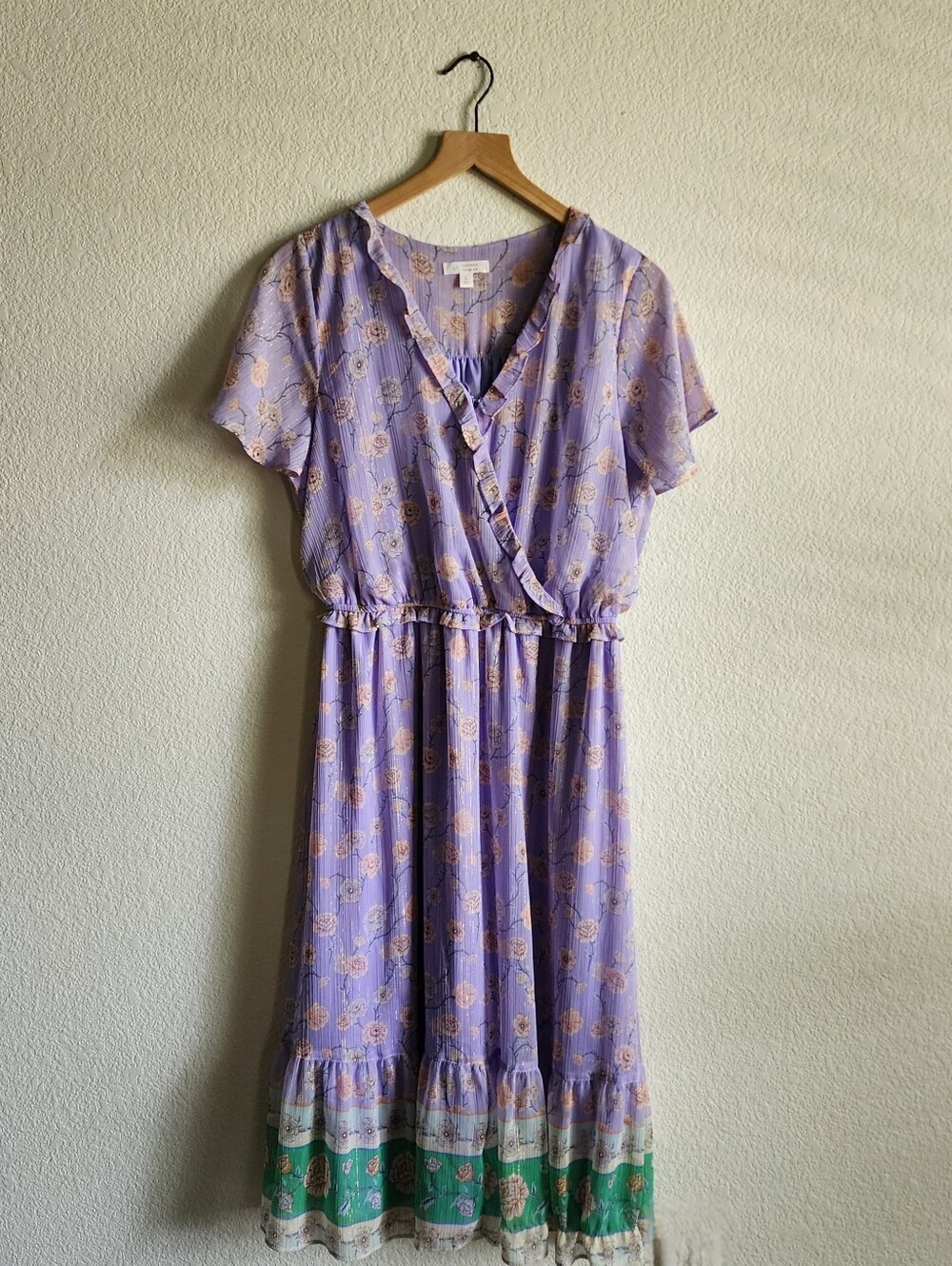 LC Lauren Conrad Lilac Floral Midi Airy Dress with Green Border Hem